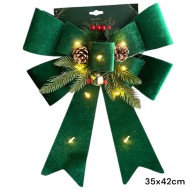 Коледна голяма панделка с LED лампички на батерии, 35х42см, зелена
