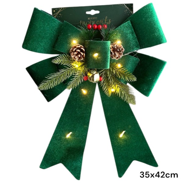 Коледна голяма панделка с LED лампички на батерии, 36х44см, зелена