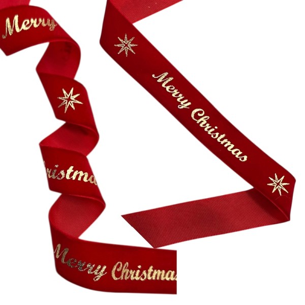 Панделка от кадифе - велур 25мм/3м, червена със златист надпис Merry Christmas