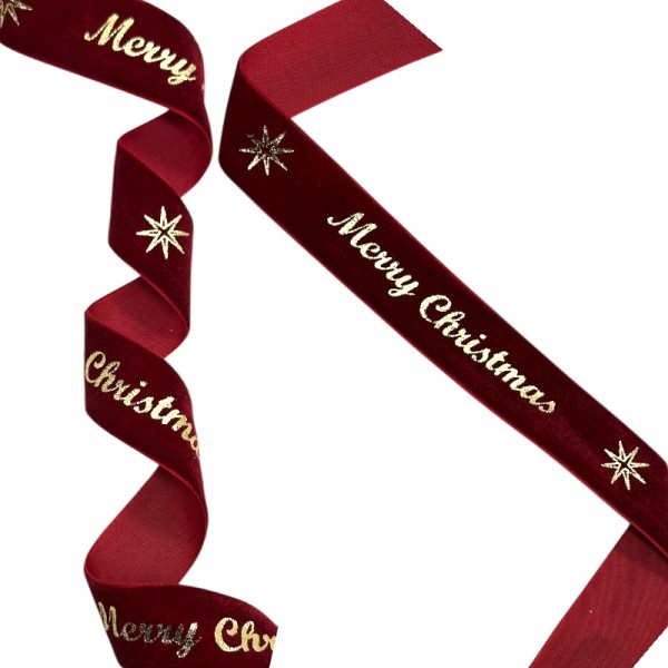 Панделка от кадифе - велур 25мм/3м, бордо със златист надпис Merry Christmas