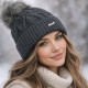 Зимна дамска шапка с пухен понпон – еднопластова, 87% акрил, произведена в България, сива -02