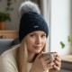 Зимна дамска шапка с пухен понпон – двупластова, 87% акрил, произведена в България, синя-04